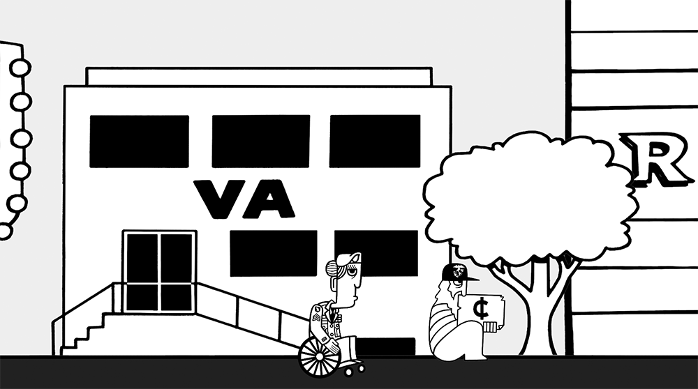 Still from Discharged game: the street outside the VA hospital